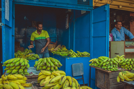 India, Goa - February 9, 2017 Man in a blue shop selling bananas.のeditorial素材