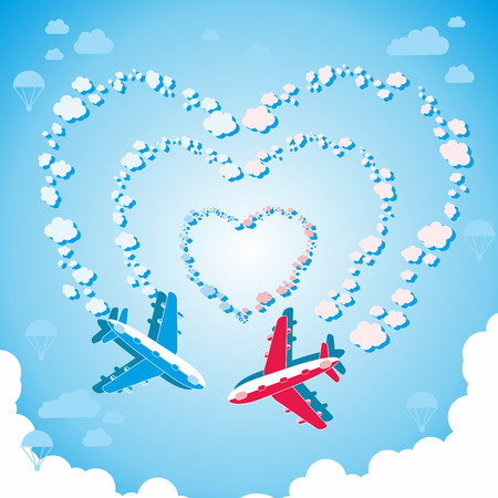 Vector illustration of two planes in love in the blue skyのイラスト素材