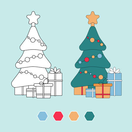 Coloring book for children, Christmas children game, Christmas tree with presentsのイラスト素材