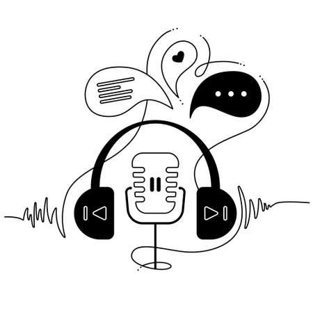 Podcast elements: microphone, chat bubbles, headphonesのイラスト素材