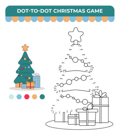 Dot-to-dot game for children, Christmas children game, Christmas tree with presentsのイラスト素材