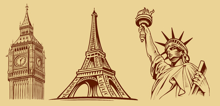 london Big Ben, Paris Eiffel tower, New York Statue of Libertyのイラスト素材