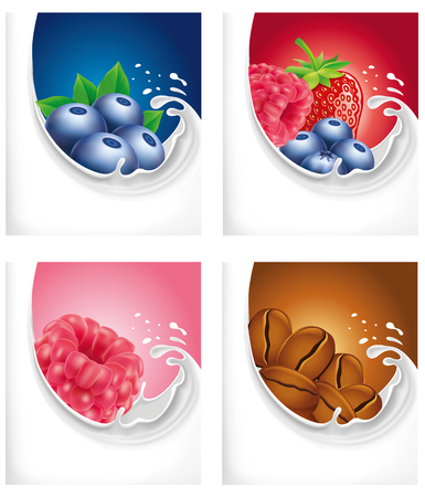 milk splash with blueberry, raspberry, coffee beansのイラスト素材