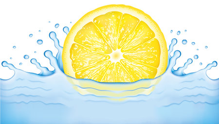 Bright lemon slice falling into water. Refreshing and healthyのイラスト素材