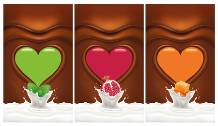 hocolate heart background with mint, caramel, pomegranate falling to milkのイラスト素材