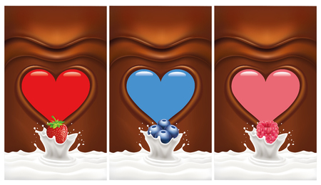 hocolate heart background with strawberry, blueberry, raspberry falling to milkのイラスト素材