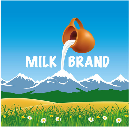 Resh milk in keg pouring down to high mountainのイラスト素材