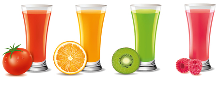 A fresh fruit juice in glass - tomato, orange, kiwi, raspberryのイラスト素材