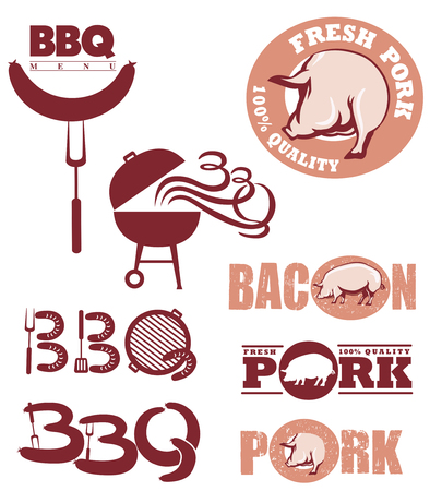 Fresh pork and barbecue design signs with pig and grill instrumentsのイラスト素材
