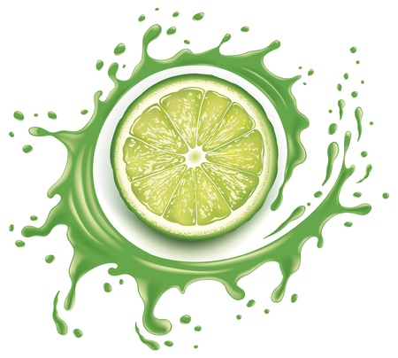 Green juice splash with many drops and llme sliceのイラスト素材