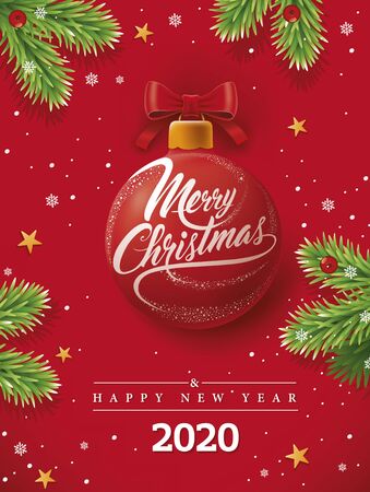 Christmas greeting card with red ball, snowflakes on redのイラスト素材