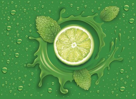 green background with water splash lime slice and mint leavesのイラスト素材