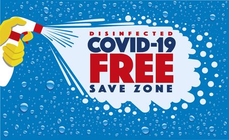 Hand holding and pressing down on nozzle of bottle spraying disinfectantのイラスト素材