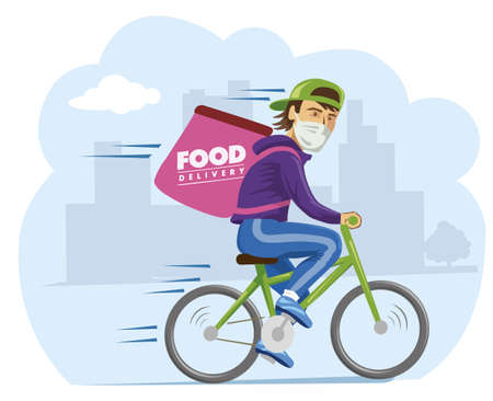 Online delivery service concept, food delivery to home and office. bicycle courier, delivery man in respiratory maskのイラスト素材