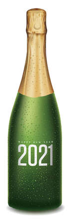 Champagne bottle with many fresh drops, happy new year 2021のイラスト素材