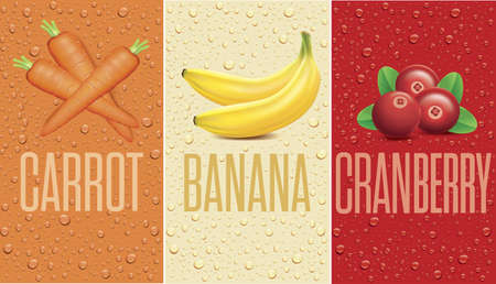 Drinks and juice background with drops and carrot, banana, cranberryのイラスト素材