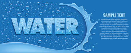Water wave and splash. Blue background with many fresh water drops and place for textのイラスト素材