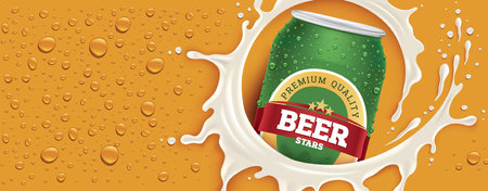 Beer tin can with splash with many fresh beer dropsのイラスト素材