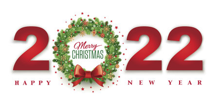 merry Christmas background with traditional decorations, wreath, ribbon and garlands, New Year...