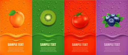 many fresh juice drops background with blueberry, tomato, apricot, kiwiのイラスト素材