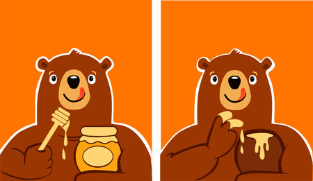cartoon funny bear holding honey sticks with honey and jar of honeyのイラスト素材