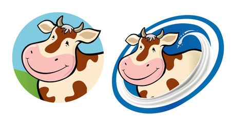 cartoon smiling cow with milk splash backgroundのイラスト素材