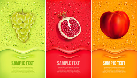 Drinks and juice background with drops and grape, pomegranate, peachのイラスト素材