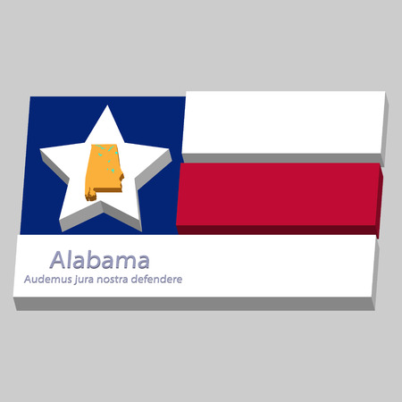 the outline of the state of Alabama and its motto is depicted on the background of a small part of the flag of the United States of Americaのイラスト素材