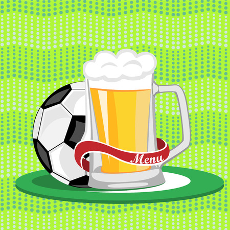 Sports bar menu,poster.Mug of beer and a soccer ball on a green background.のイラスト素材