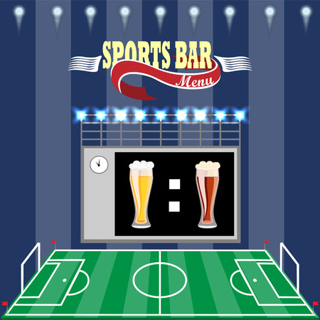 Sports bar menu,poster.Football field,scoreboard and text on a dark striped background.のイラスト素材