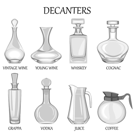 illustration of set of eight decanters of various drinks.のイラスト素材