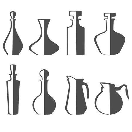illustration of set of eight decanters of various drinks.のイラスト素材