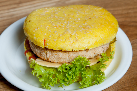 Hamburger carrot chicken cutletHamburger carrot chicken cutlet on a plateの写真素材