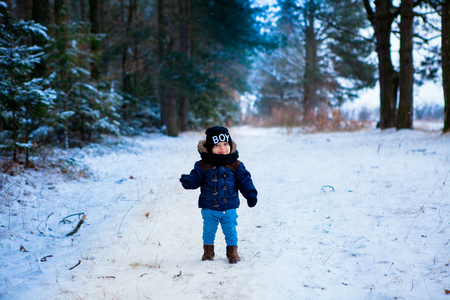 Little boy walking in the winter forestの写真素材