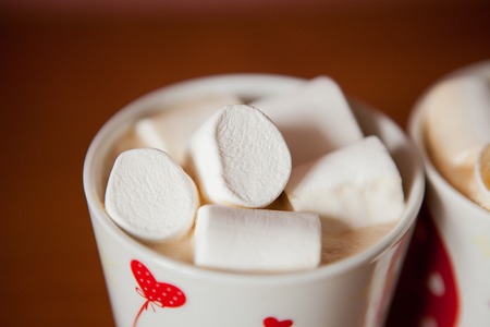 Hot chocolate with white marshmallows in hearts and teddy bears on Valentines Dayの写真素材