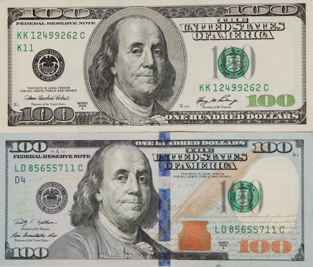 Old and new 100-dollar bills and banknotes, the front side.