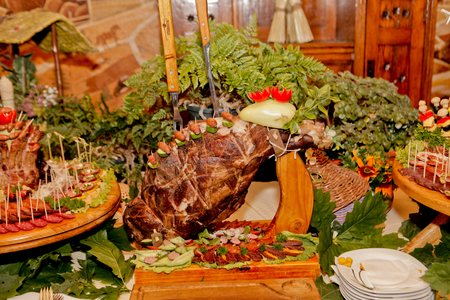 Exquisite wedding table with snacks, Cossack table.の写真素材