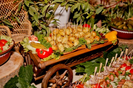 Exquisite wedding table with snacks, Cossack table.の写真素材