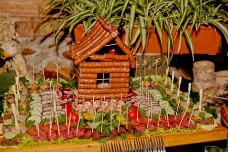 Exquisite wedding table with snacks, Cossack table.の写真素材