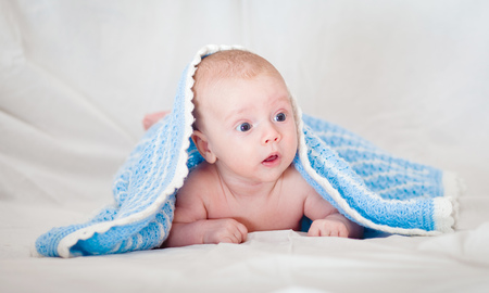 Baby, Two Month Old. Naked two-month-old baby is covered with a blue veilの写真素材