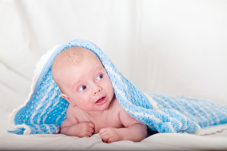 Baby, Two Month Old. Naked two-month-old baby is covered with a blue veil.の写真素材