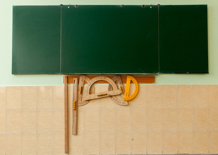 mathematical equipment and a school board in the classroom.の写真素材