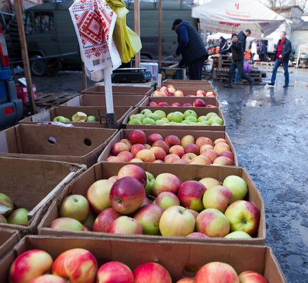 Red and green apple fruits in a market.の写真素材