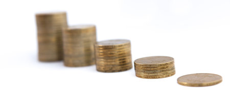 Growing coins stacks on white background. Financial growth, saving money, business finance wealth...