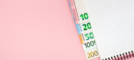 Notebook and money on the table. Notepad and euro banknotes on a pink background with copy space. Business and travel planning concept.の写真素材