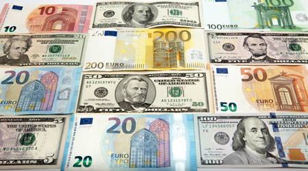 Background of several denominations - euro and dollars.の写真素材