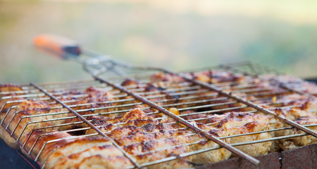 Marinated chicken legs on the grill in the smoke. A picnic, tasty food. BBQ.の写真素材