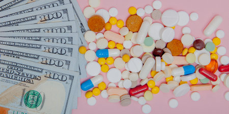 Dollars and pills on a pink background. Prescription medicine on dollars for pharmaceutical industry...