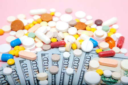 Dollars and pills on a pink background. Prescription medicine on dollars for pharmaceutical industry...