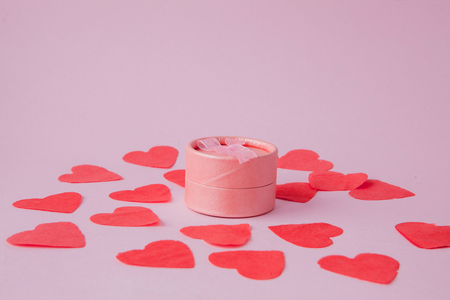 Valentine day composition: white gift boxes with bow and red felt hearts, photo template, background. Top View. View from above. Festive concept for Valentine's day, Mother's day or birthday.の写真素材